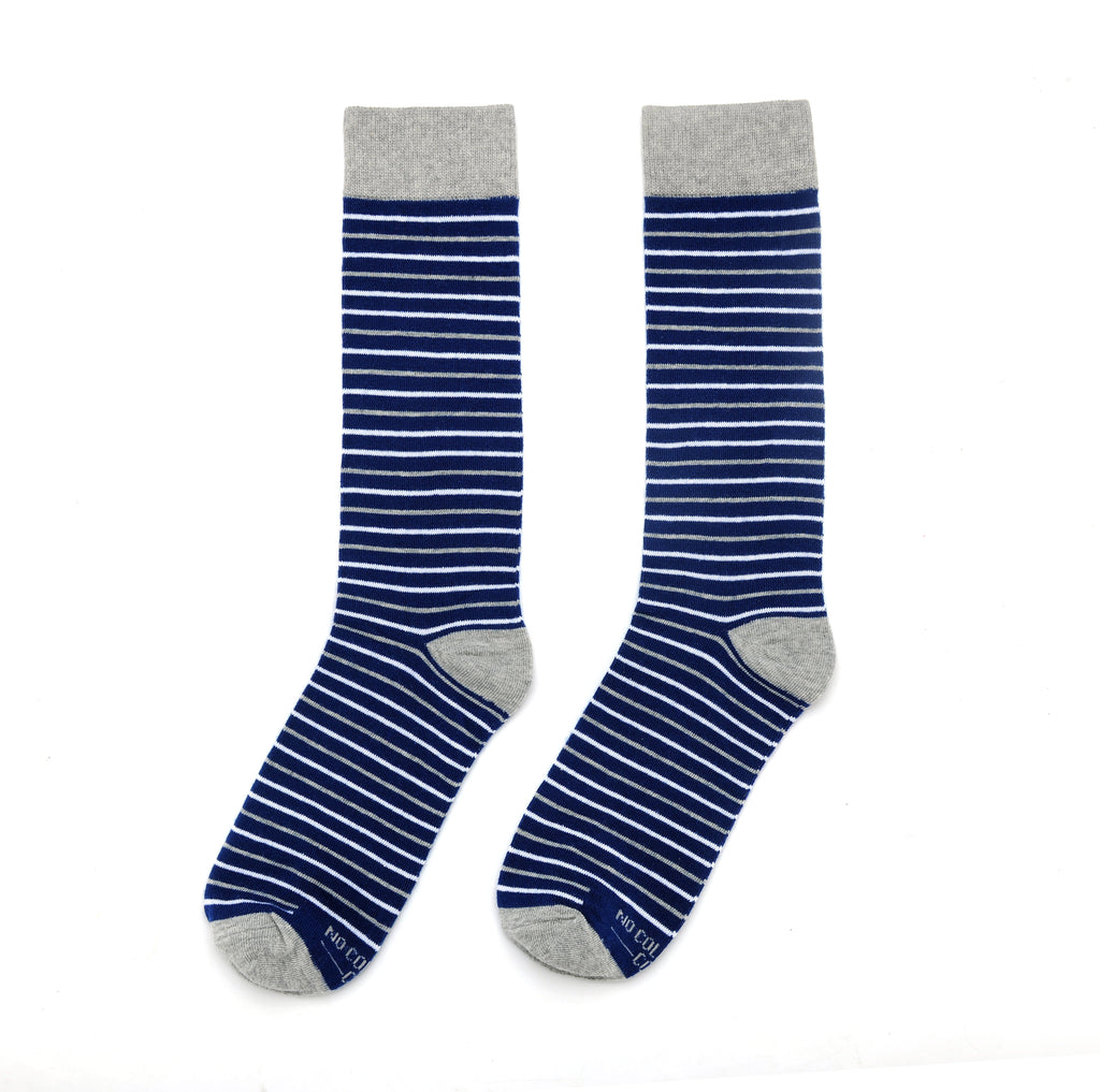Crew socks with navy and white horizontal stripes, gray top cuff and heel (2 pairs)