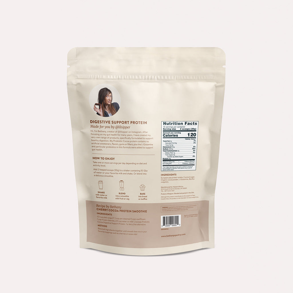 Digestive Support Protein pouch back with Nutrition Facts and ingredient details