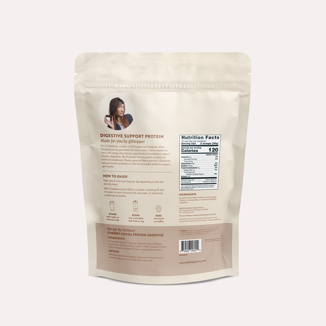 Digestive Support Protein pouch back with Nutrition Facts and ingredient details