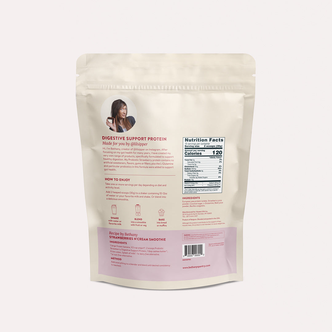 Digestive Support Protein pouch back with Nutrition Facts and strawberry recipe info