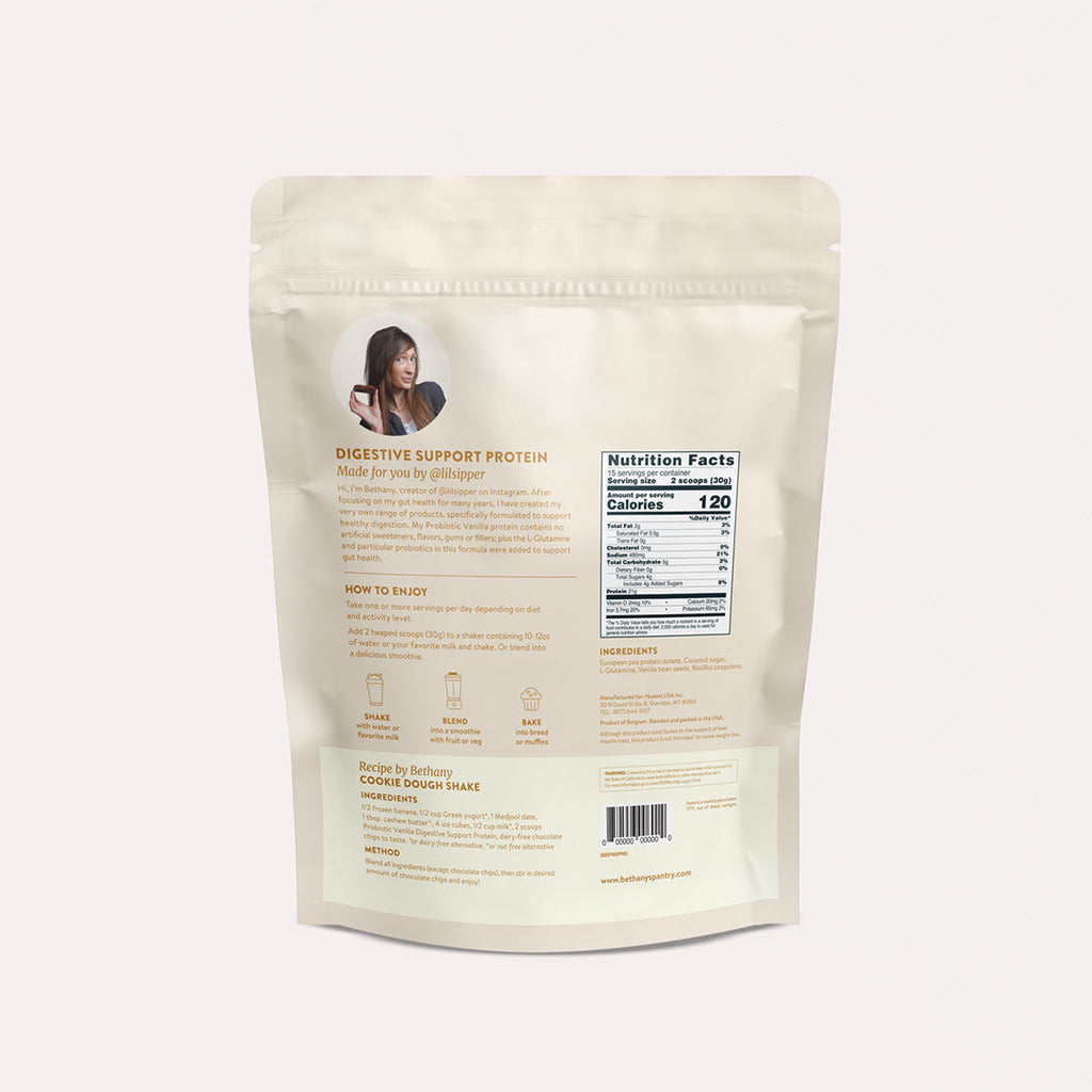 Digestive Support Protein pouch back with Nutrition Facts and usage directions