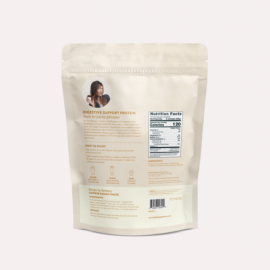 Digestive Support Protein pouch back with Nutrition Facts and usage directions