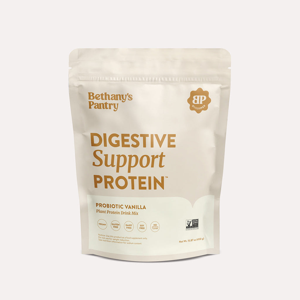 Digestive Support Protein pouch, Probiotic Vanilla flavor, plant protein drink mix front