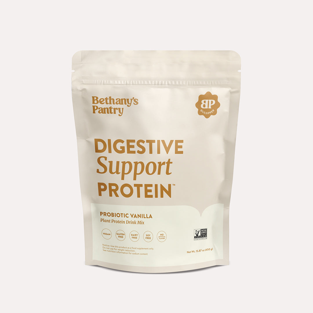 Digestive Support Protein pouch, Probiotic Vanilla flavor, plant protein drink mix front
