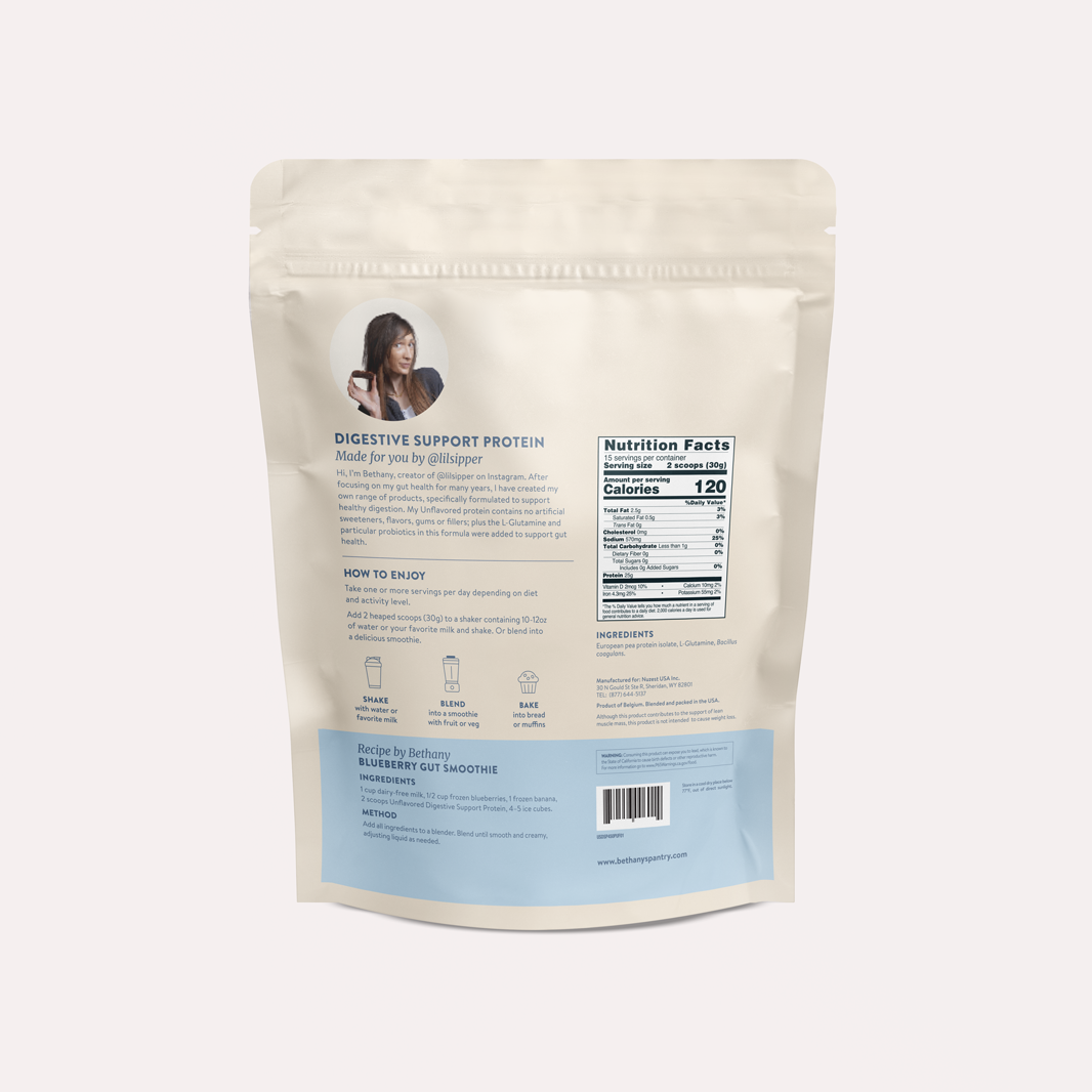 Digestive support protein pouch back, nutrition facts and ingredients panel