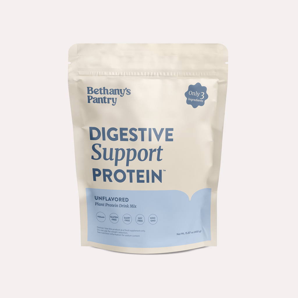 Unflavored digestive support protein powder pouch, white bag with front label