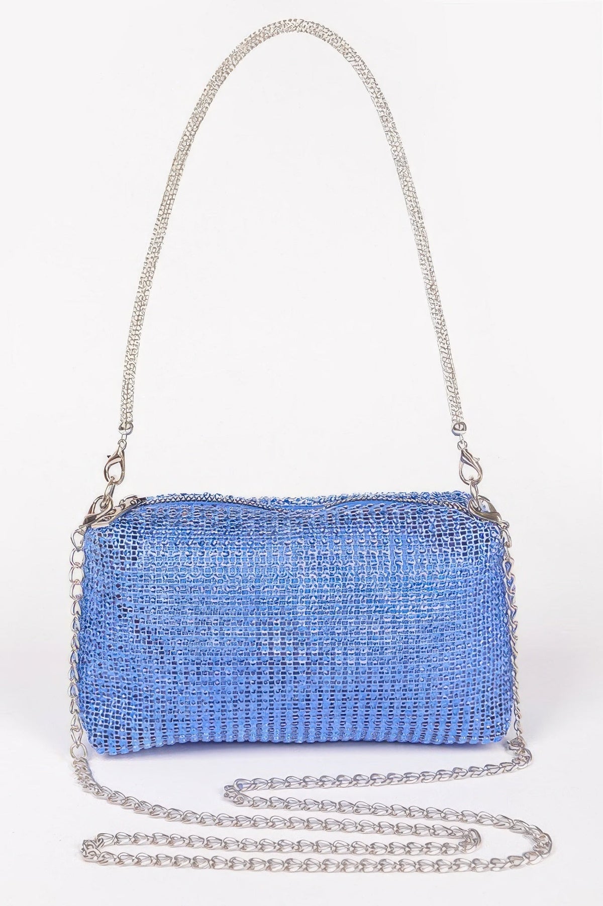 Blue studded metal clutch with silver chain shoulder strap and top clasp.