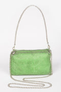 Green studded metal clutch with silver chain shoulder strap and top clasp.