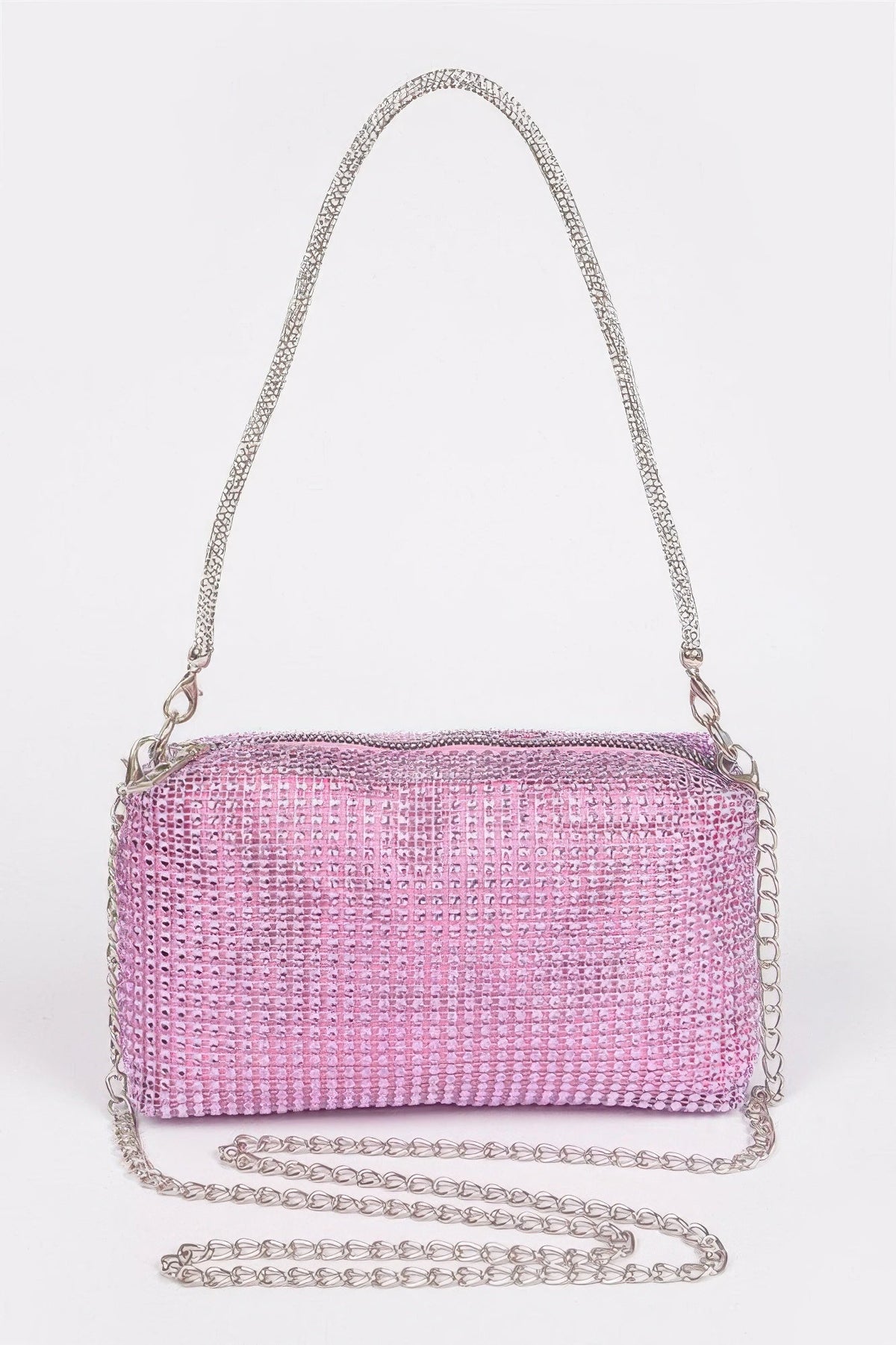 Pink studded metal clutch with silver chain shoulder strap and top clasp.