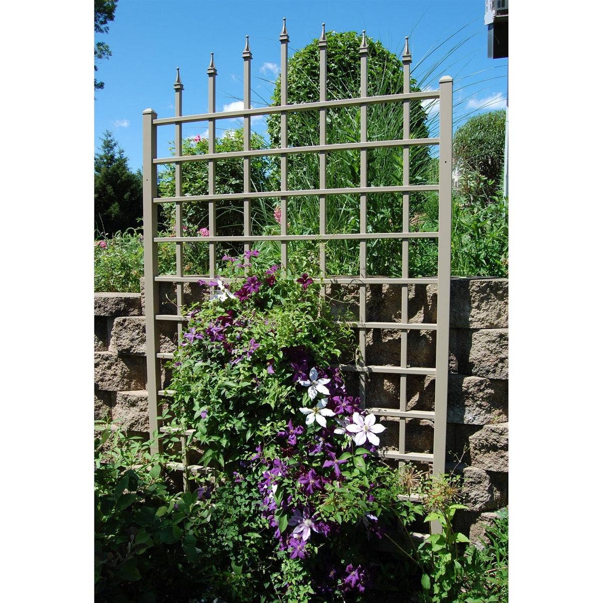 Mocha brown vinyl trellis panel with lattice grid and vertical rails for wall mounting