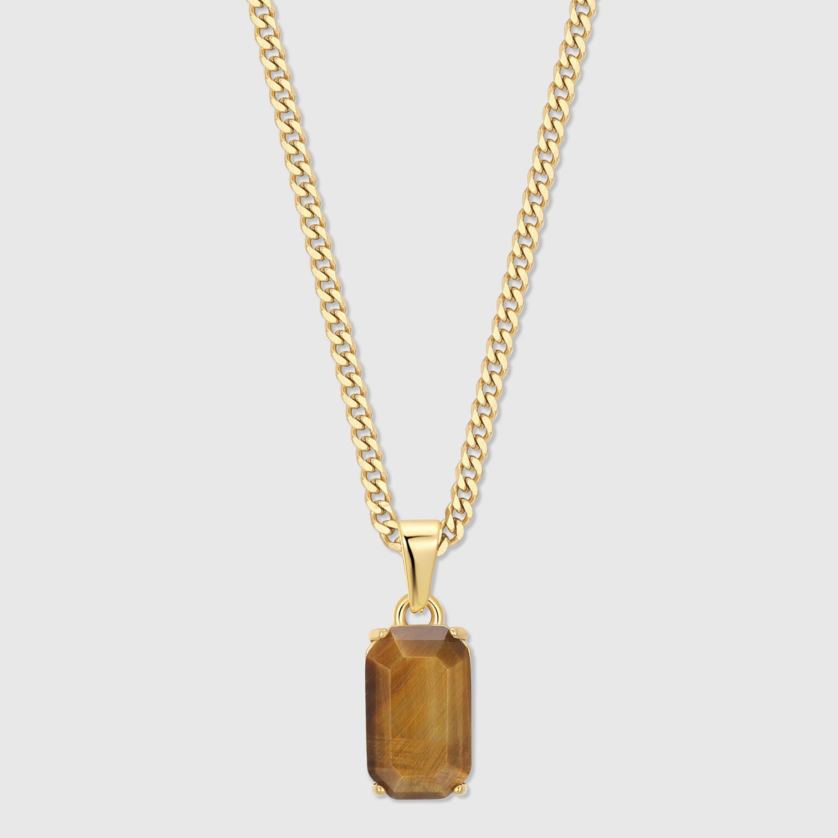 Tiger eye stone pendant on gold-tone chain, faceted rectangular stone