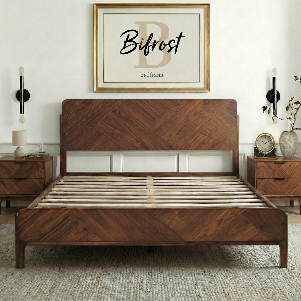 Walnut solid wood bed frame with high headboard and slatted base.