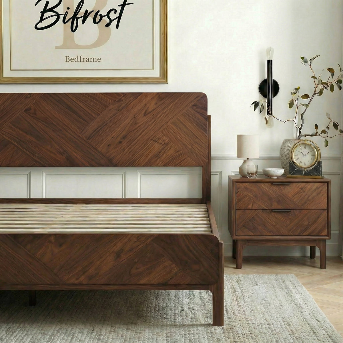 Walnut solid wood bed frame close-up of high headboard and slatted base.