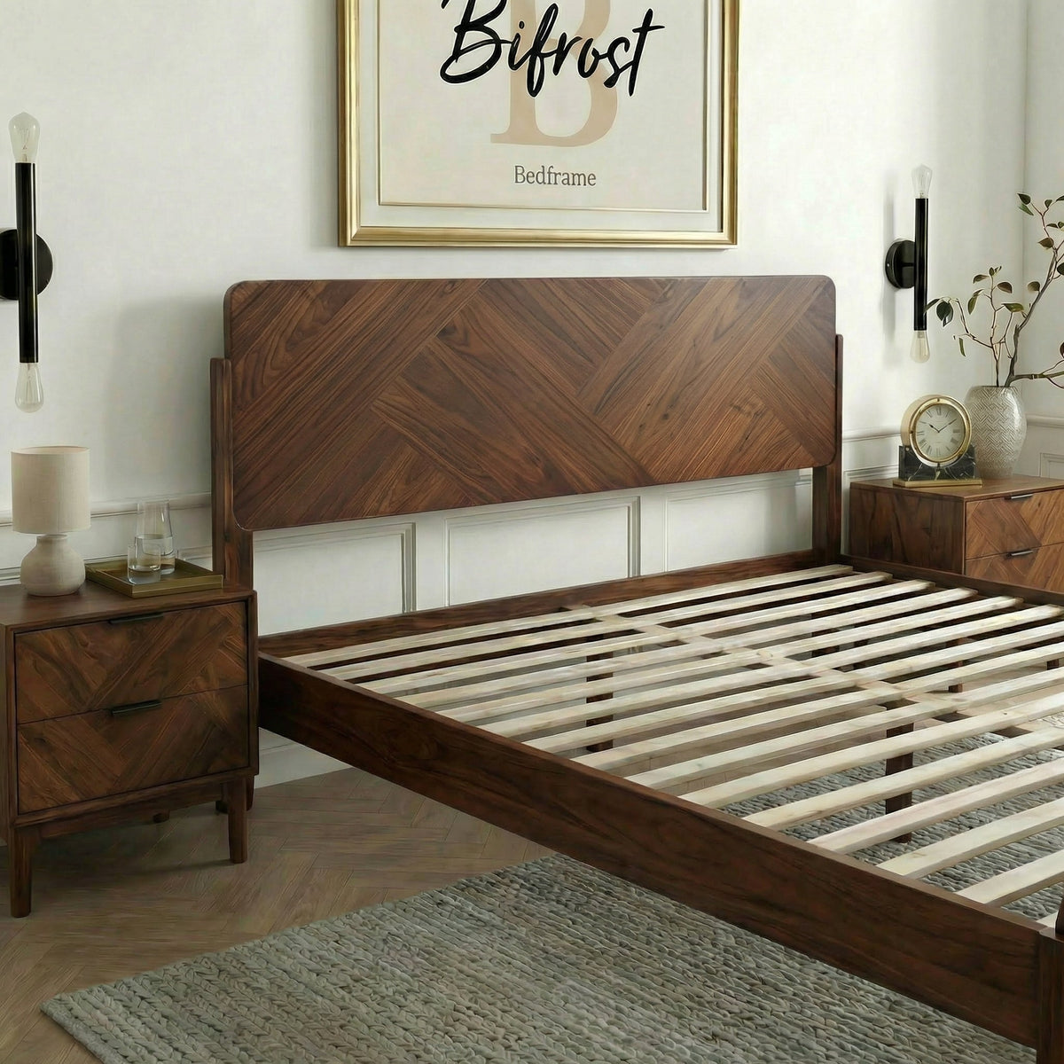 Walnut solid wood bed frame with high headboard and slatted base.