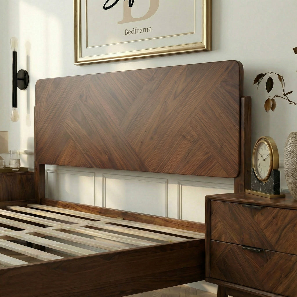 Walnut solid wood bed frame close-up of high headboard and slatted base.