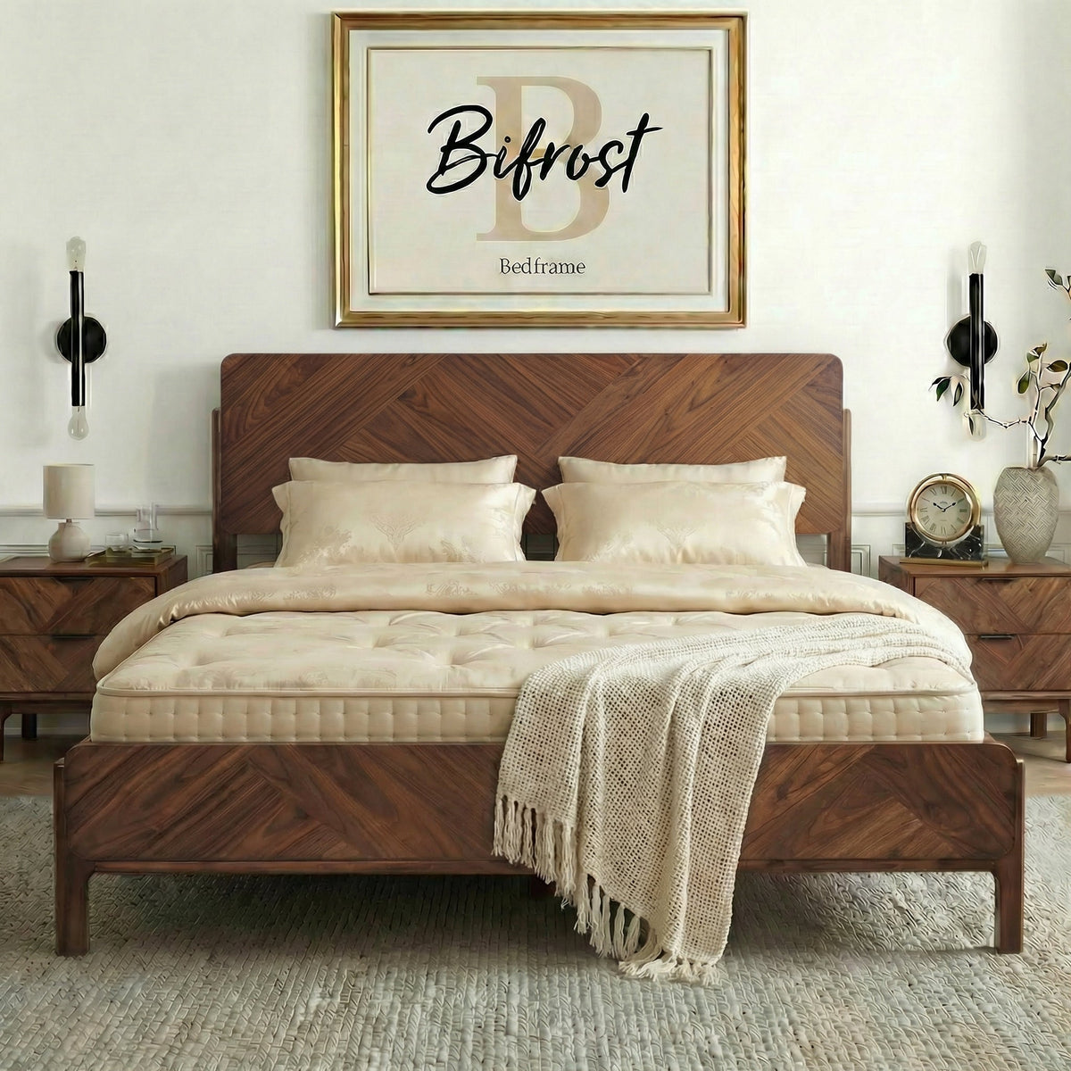 Walnut solid wood bed frame with high headboard, slatted base, and bedding.