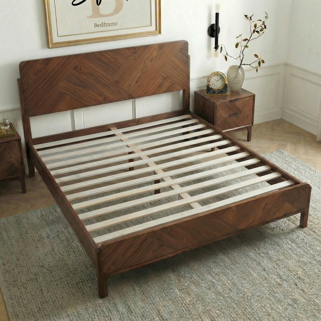 Walnut solid wood bed frame side view with slatted mattress support.