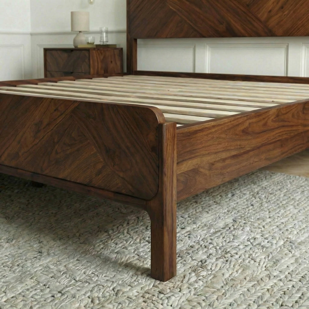 Walnut solid wood bed frame footboard with slatted base and rounded legs.