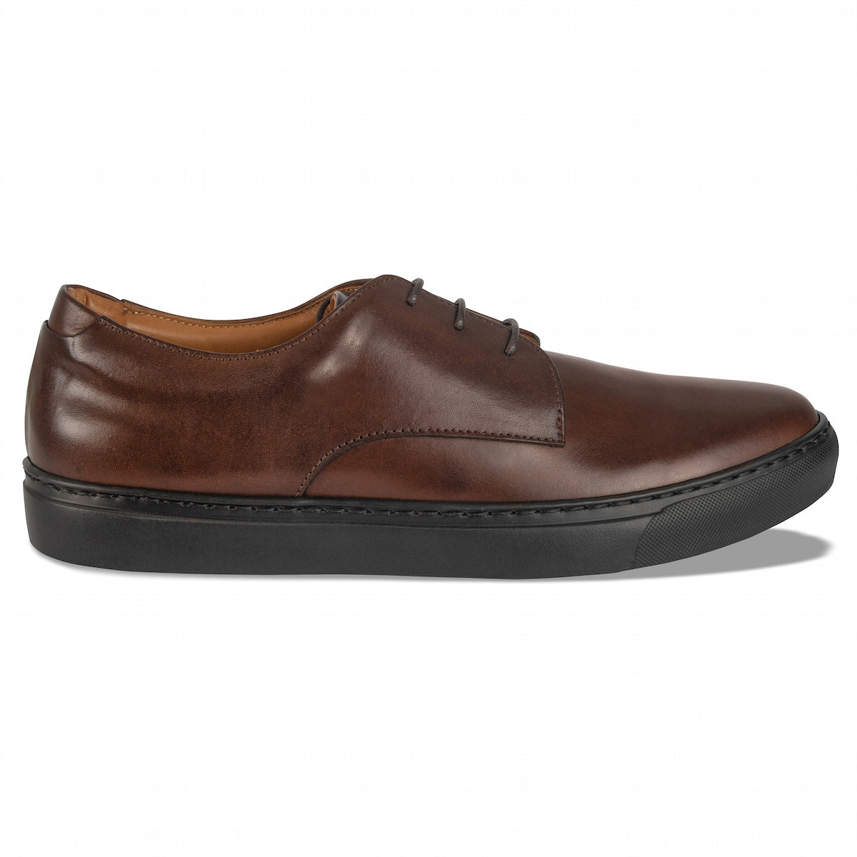 Brown leather lace-up dress shoe with dark rubber sole and stitched apron