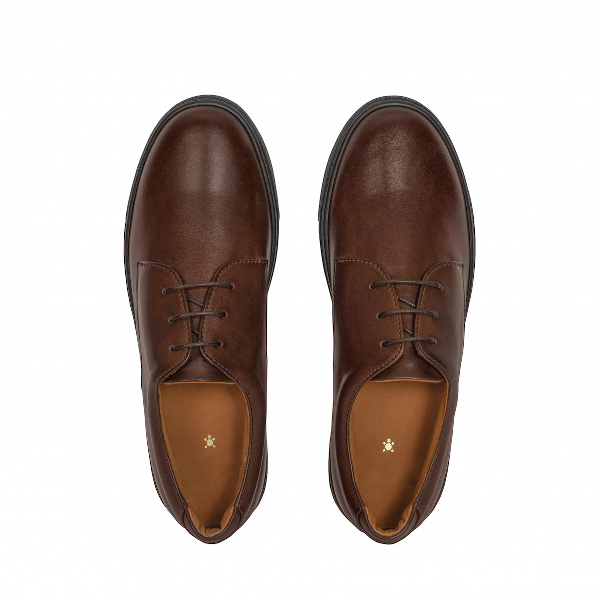 Pair of brown lace-up dress shoes with tan interior and dark rubber soles