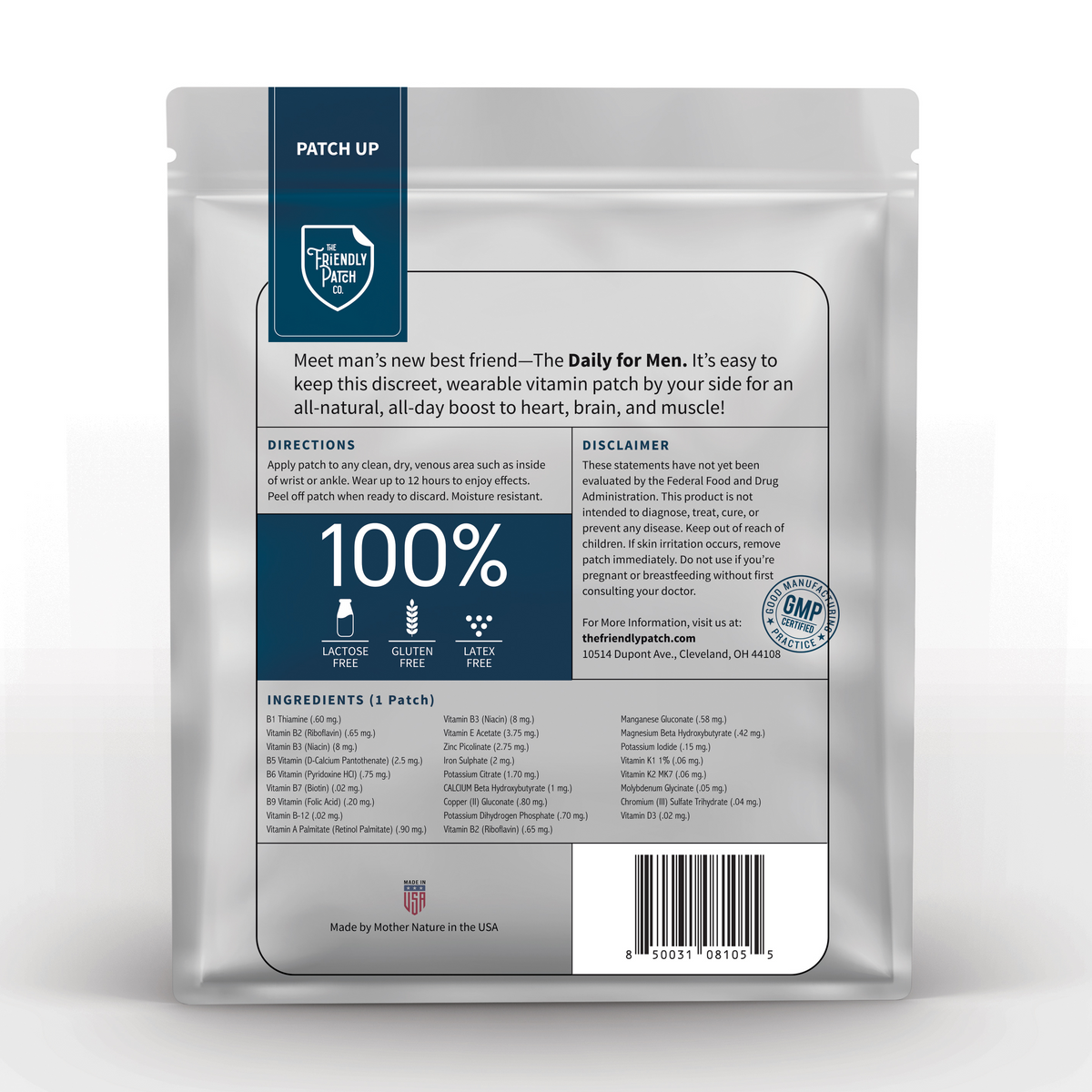 Back of men’s vitamin patch pouch with directions, ingredients, and barcode