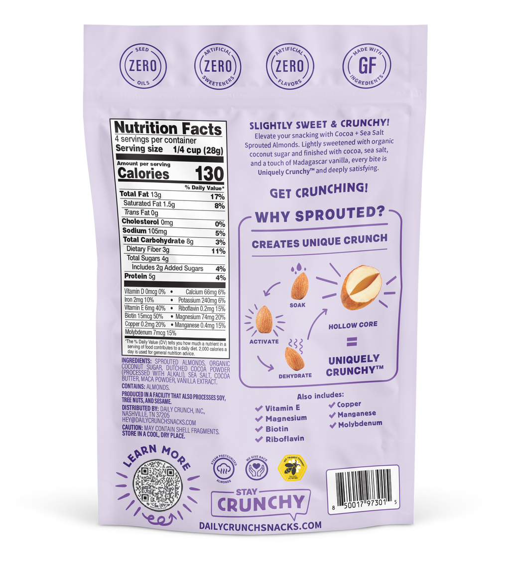 Sprouted almond snack pouch back with Nutrition Facts and ingredients panel