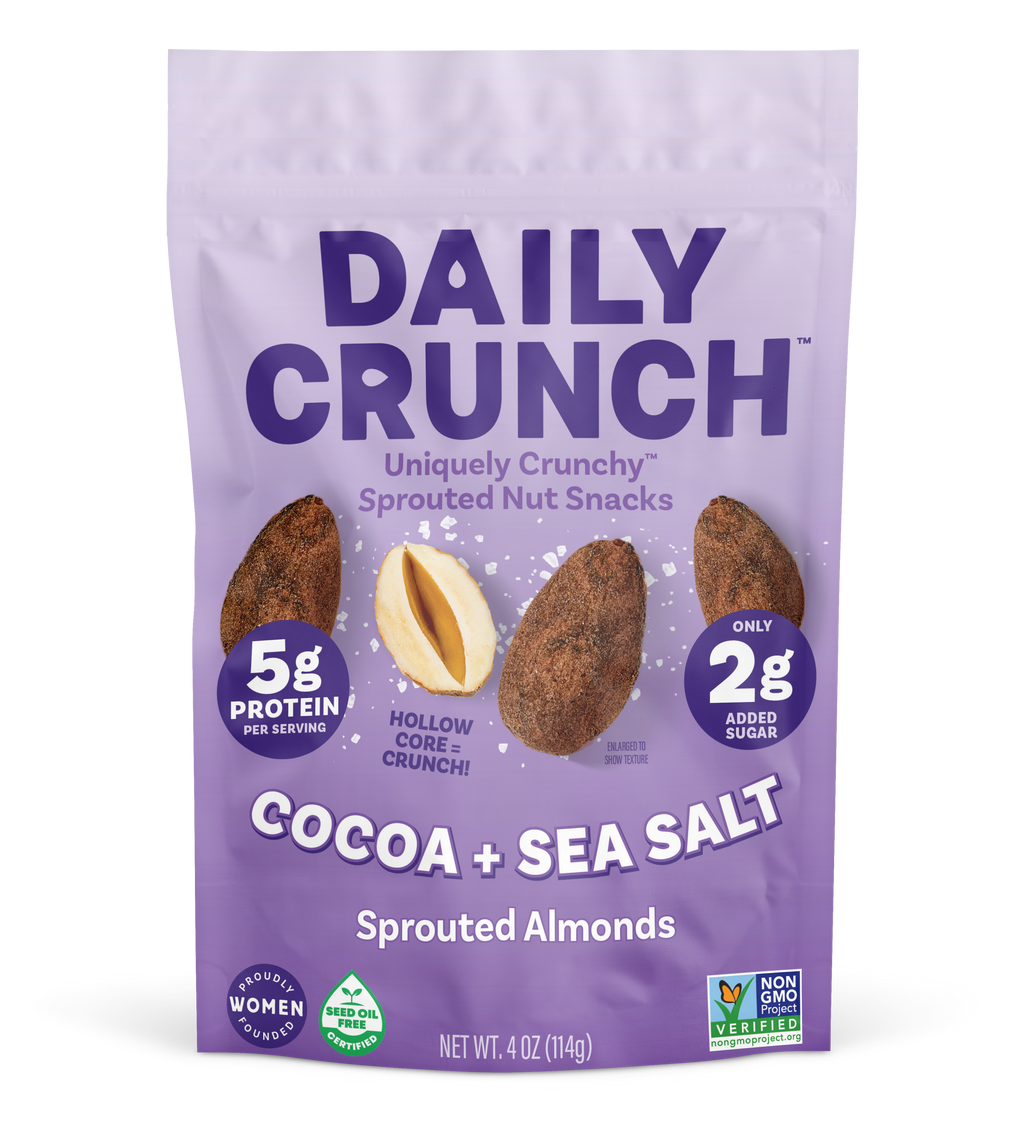 Sprouted almond snack pouch with cocoa and sea salt flavor, front view