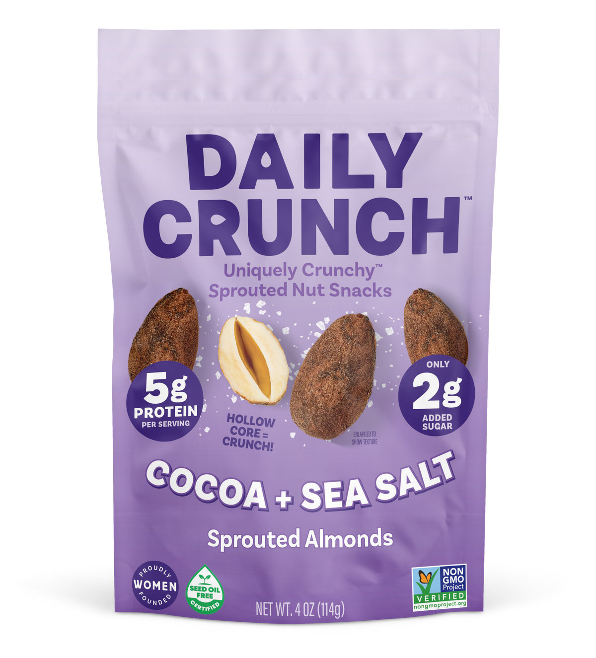 Sprouted almond snack pouch with cocoa and sea salt flavor, front view