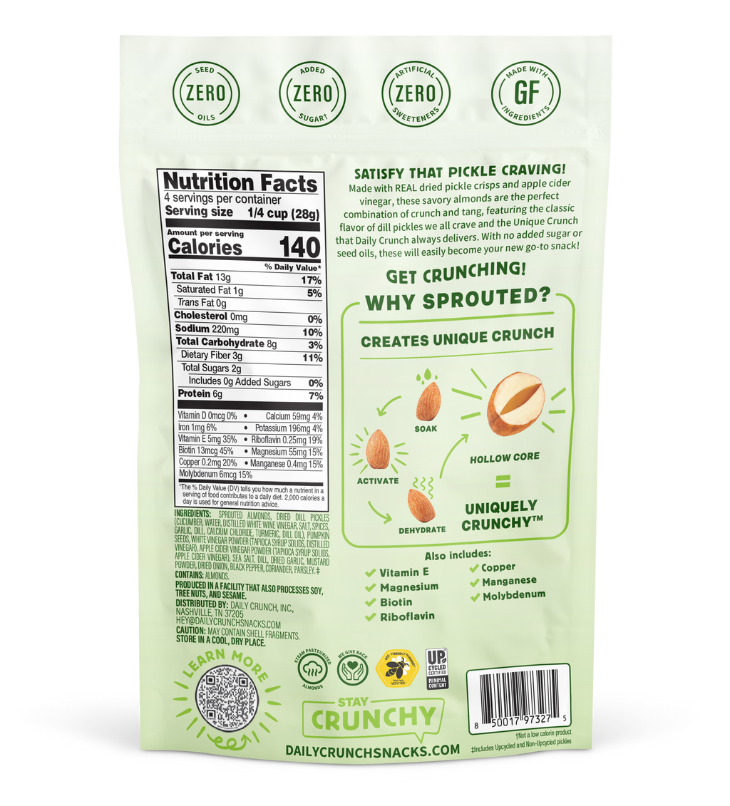 Dill pickle sprouted nut snack pouch with nutrition facts and ingredients