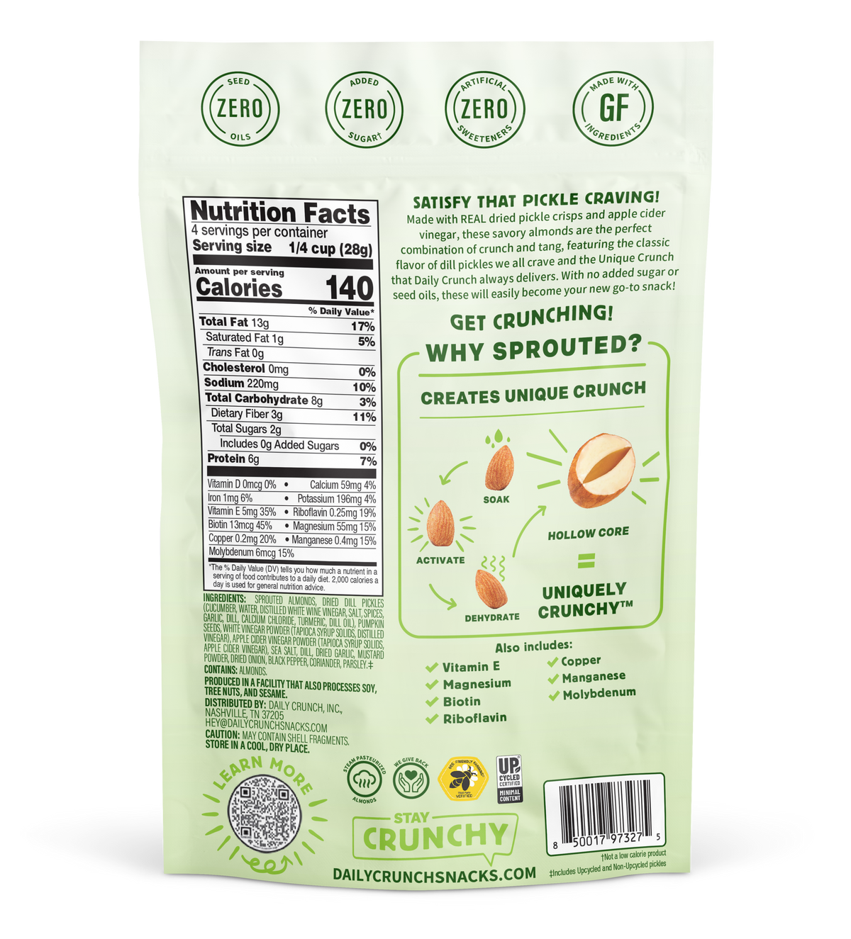 Dill pickle sprouted nut snack pouch with nutrition facts and ingredients
