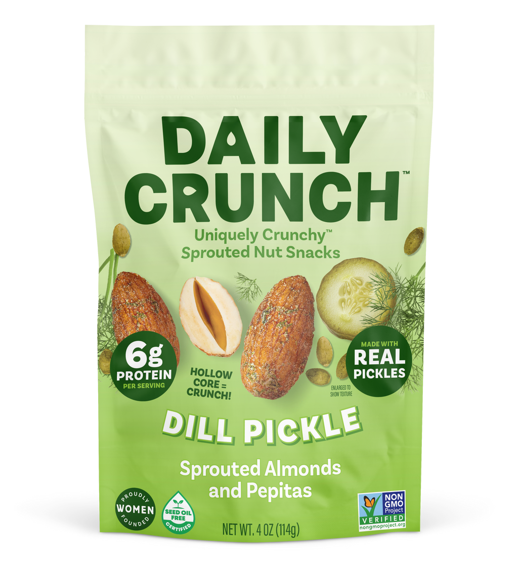 Dill pickle sprouted nut snack pouch with Daily Crunch branding