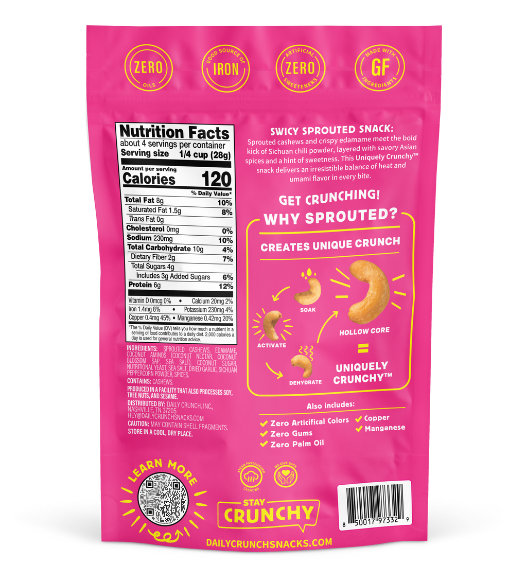 Sweet & Spicy Sichuan snack pouch back with Nutrition Facts and ingredient icons