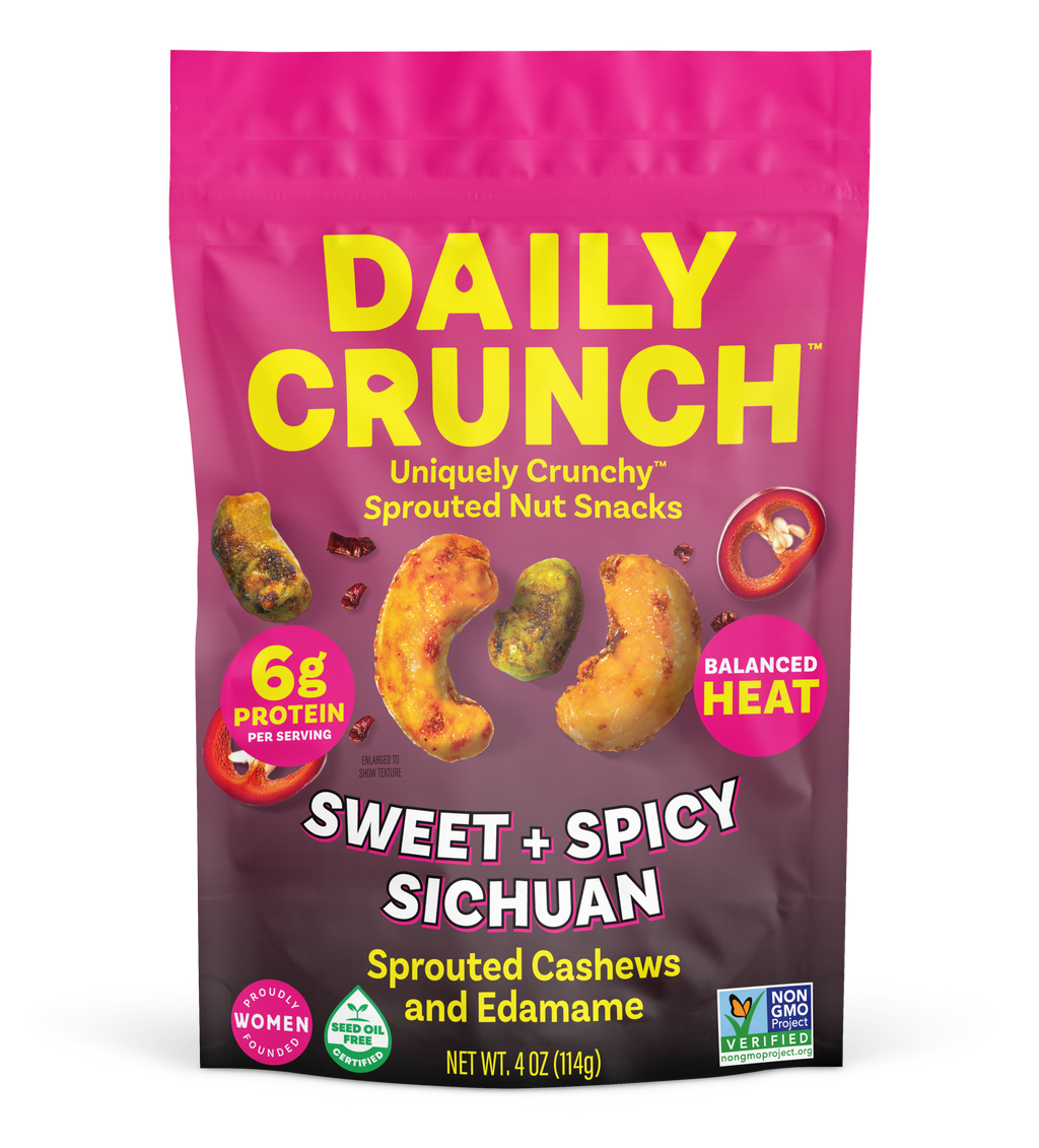 Sweet & Spicy Sichuan sprouted cashews and edamame snack pouch, front view