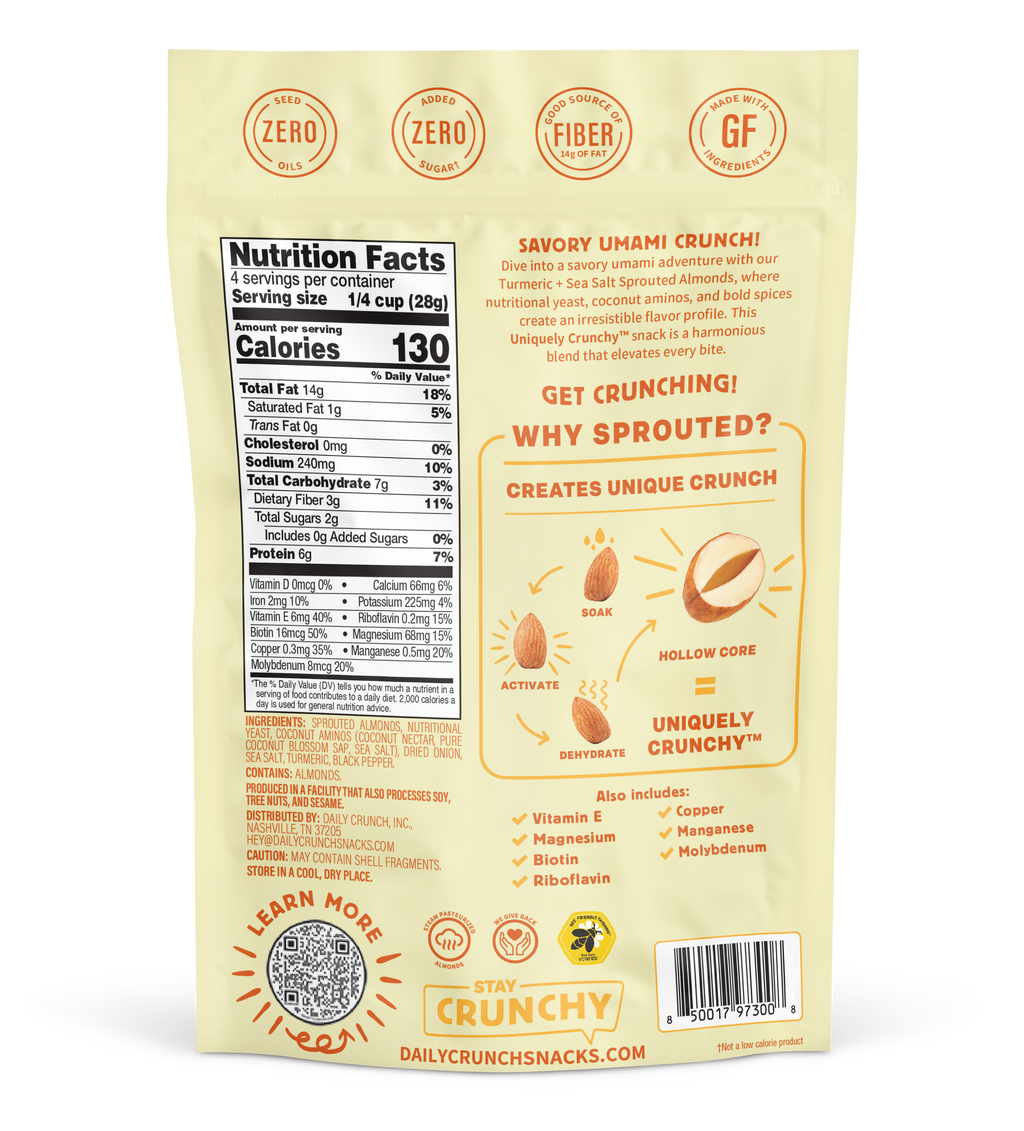 Daily Crunch turmeric + sea salt sprouted snack bag, nutrition facts back