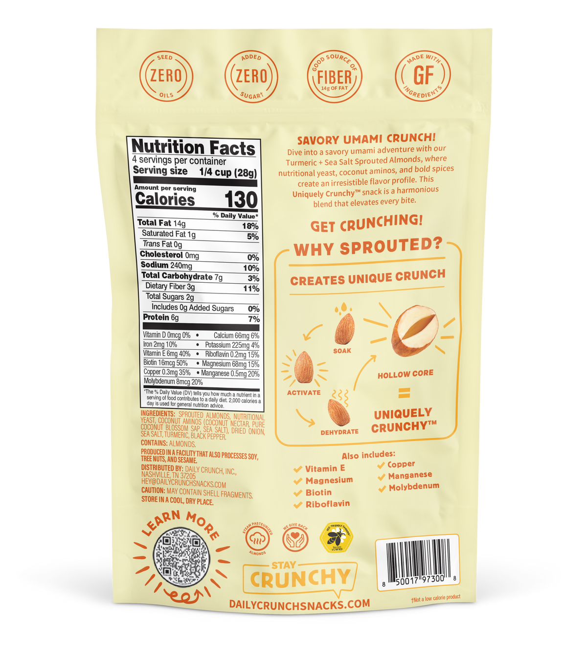 Daily Crunch turmeric + sea salt sprouted snack bag, nutrition facts back