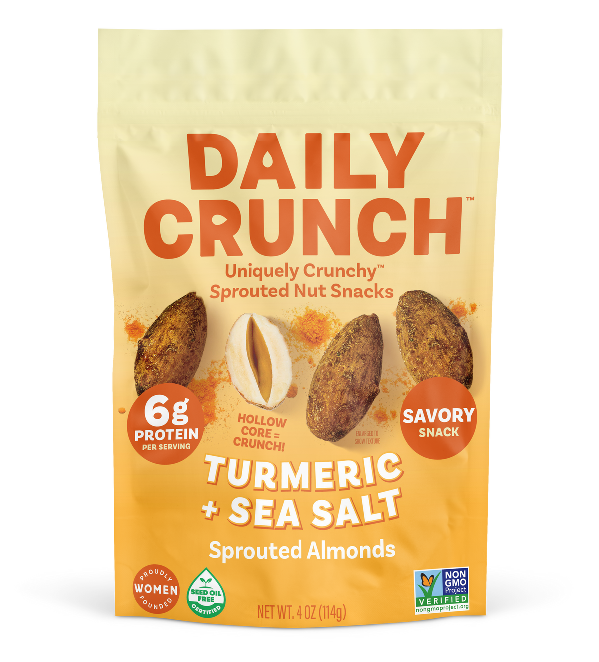 Daily Crunch turmeric + sea salt sprouted nut snack bag, front view