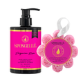Pink hand & body wash refill bottle with black pump and pink sponge flower refill