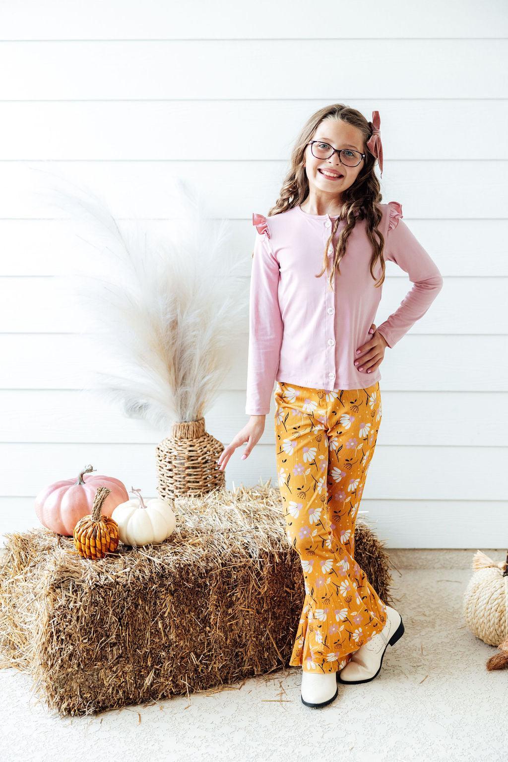 Kids' yellow floral ribbed velvet bell pants with flared legs and elastic waist