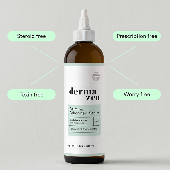 Amber scalp serum bottle with dropper and white-and-green label