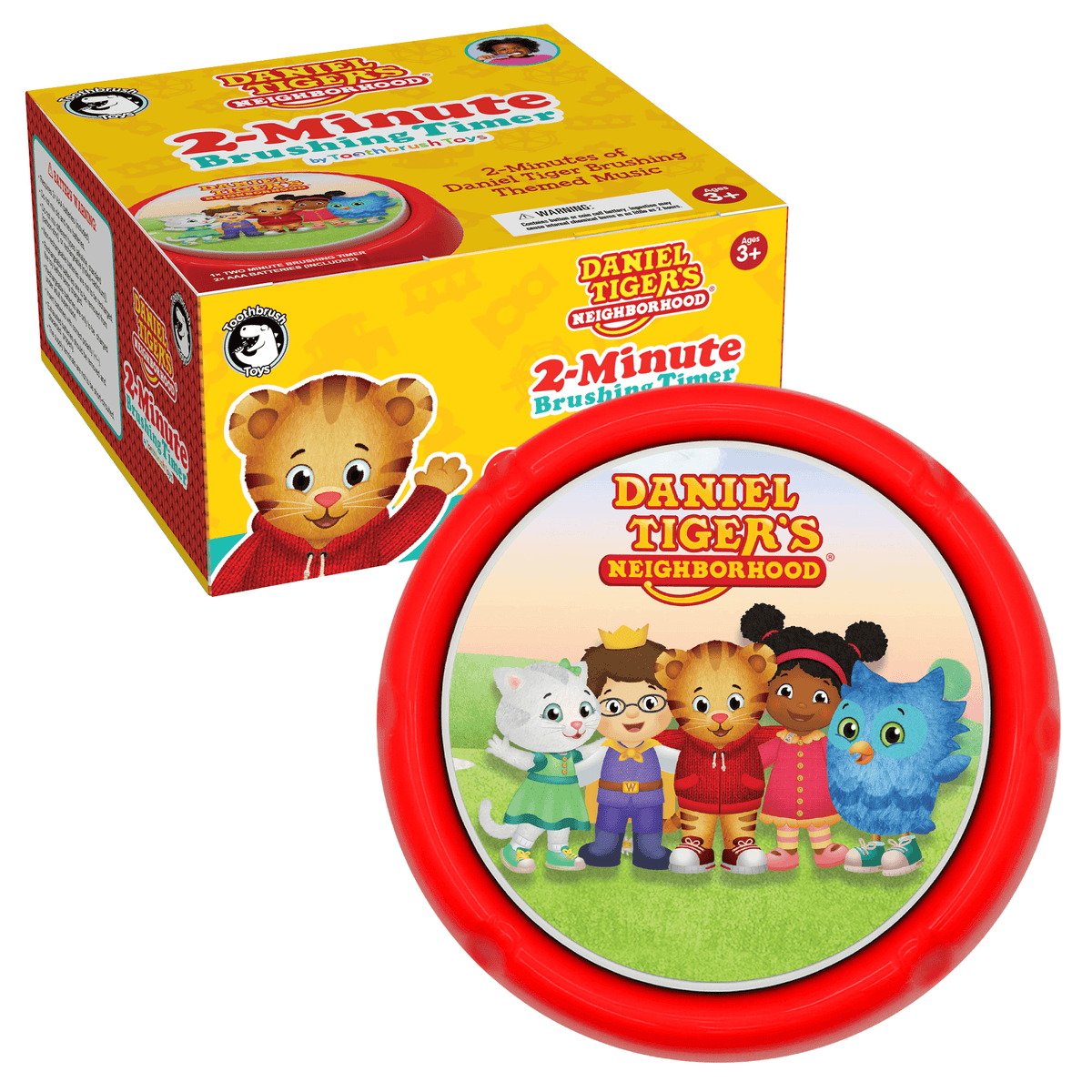 Red Daniel Tiger 2-minute brushing timer with circular display and neighborhood characters