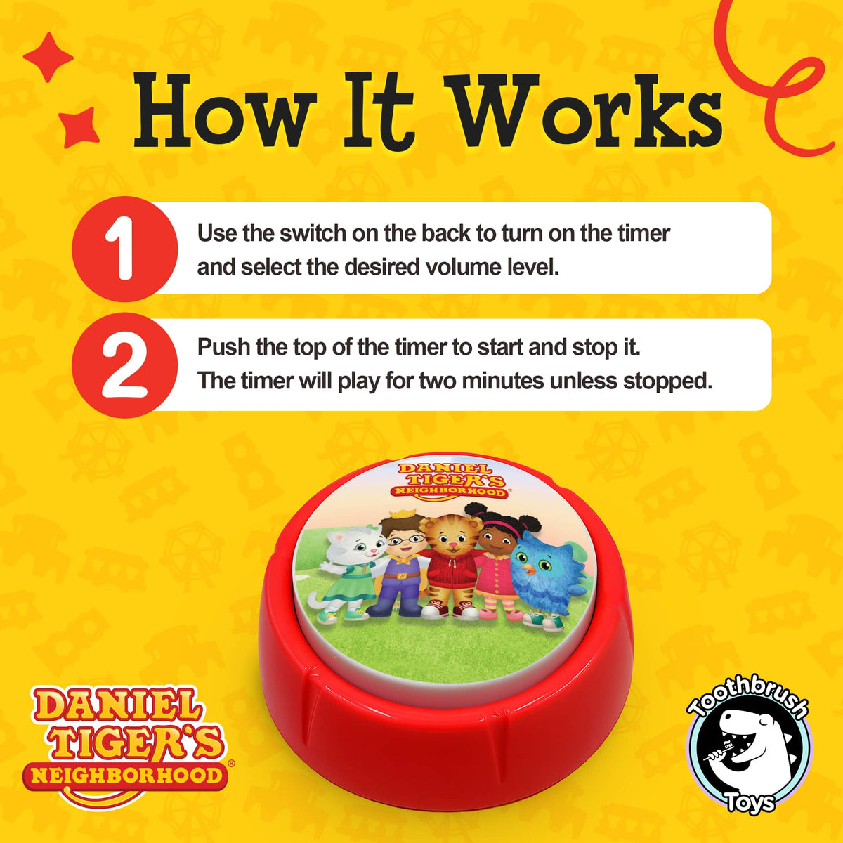 Round red 2-minute timer with Daniel Tiger neighborhood character artwork