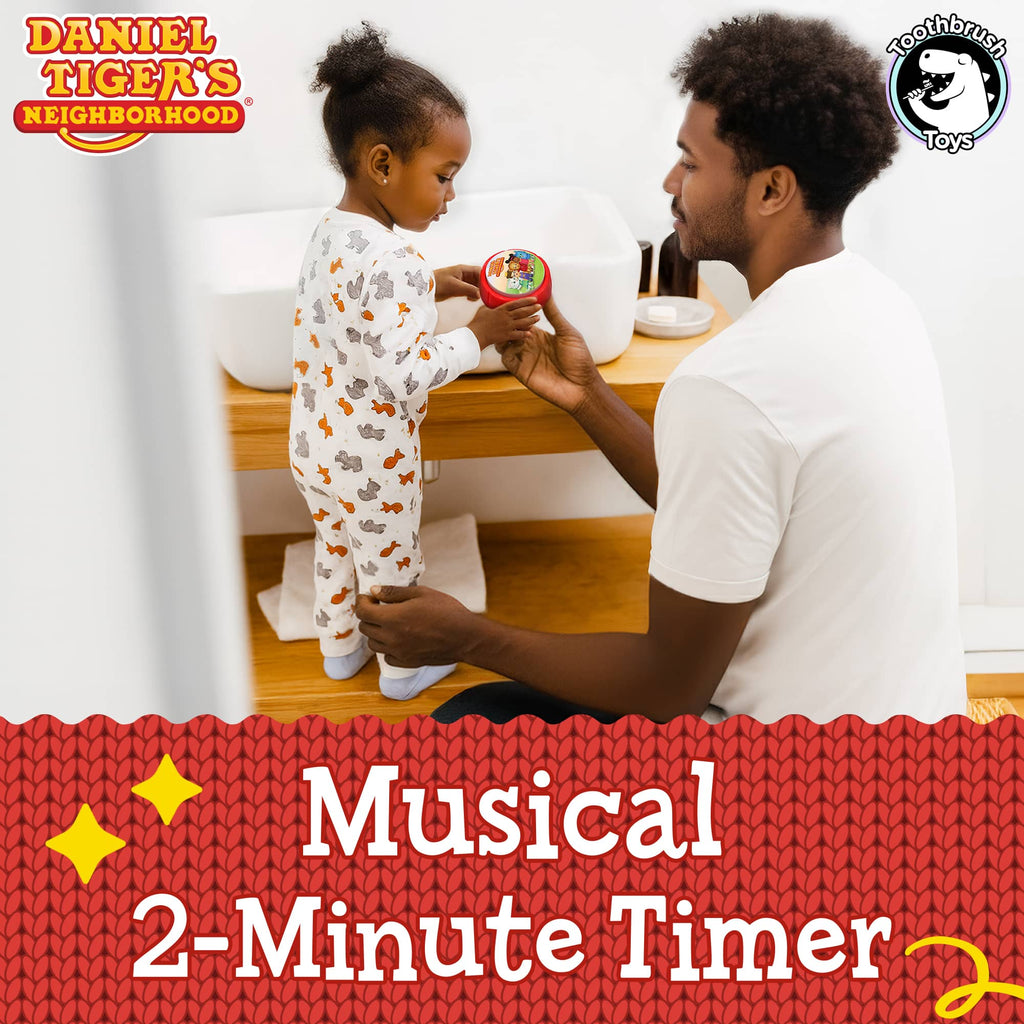 Red Daniel Tiger 2-minute brushing timer held by caregiver during toothbrushing