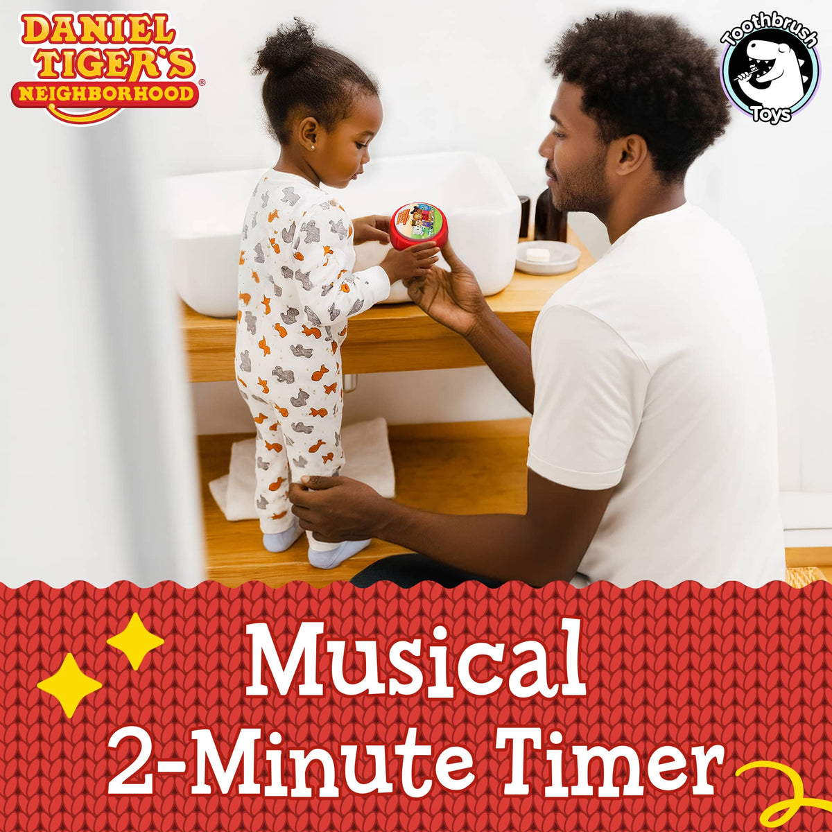 Red Daniel Tiger 2-minute brushing timer held by caregiver during toothbrushing
