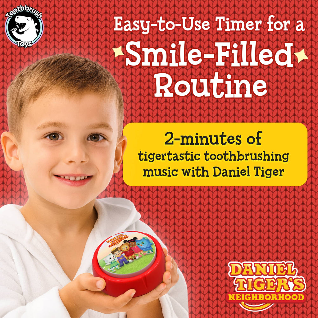 White-shirt child holding red Daniel Tiger 2-minute brushing timer