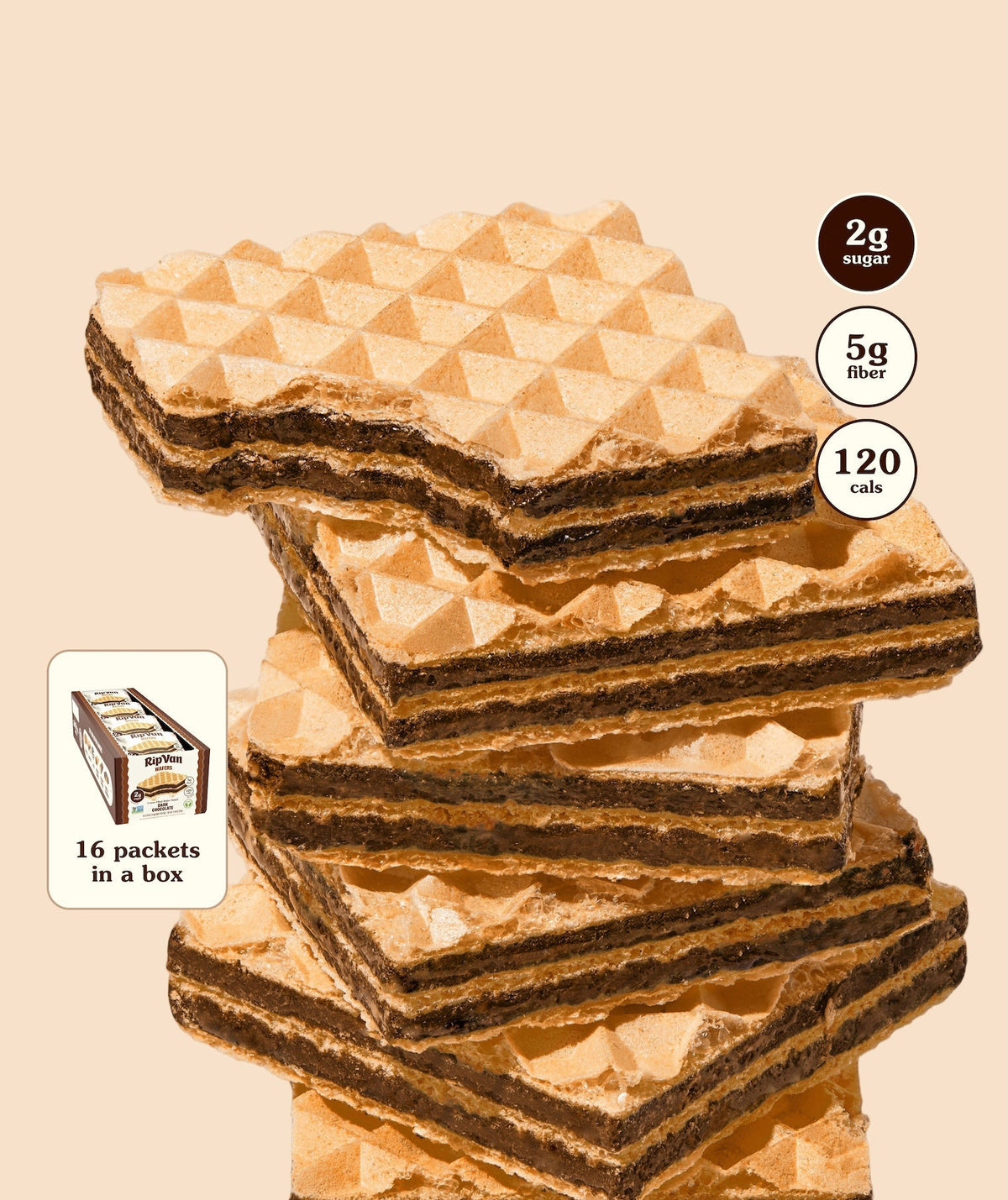 Stack of dark chocolate cream-filled wafer snacks with crunchy waffle tops