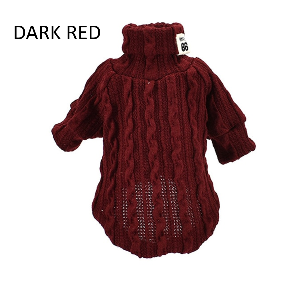 Dark red knitted turtleneck sweater for small dogs and cats with long sleeves