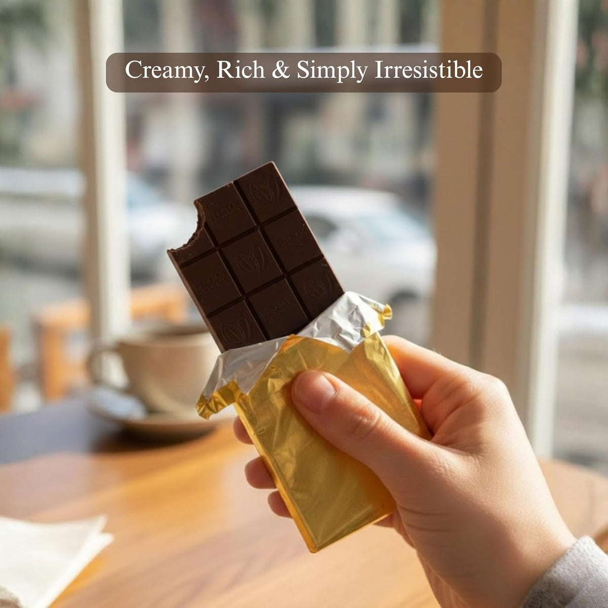 Dark chocolate bar broken into squares, held in hand with gold wrapping