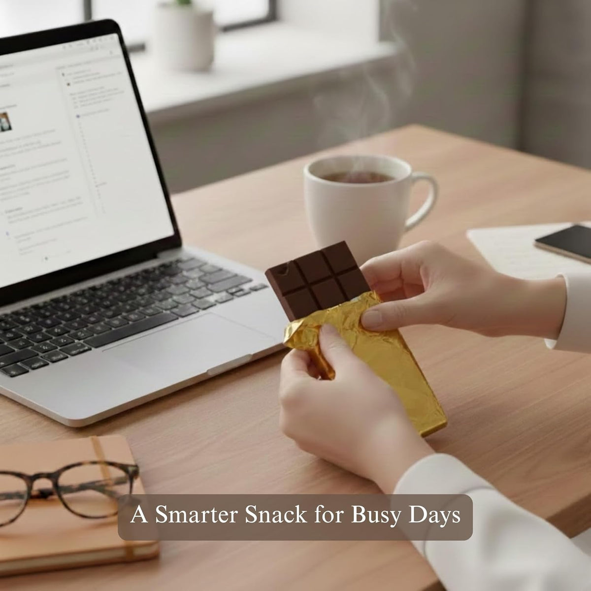 Dark chocolate bar pieces in gold foil, held near a laptop and coffee mug
