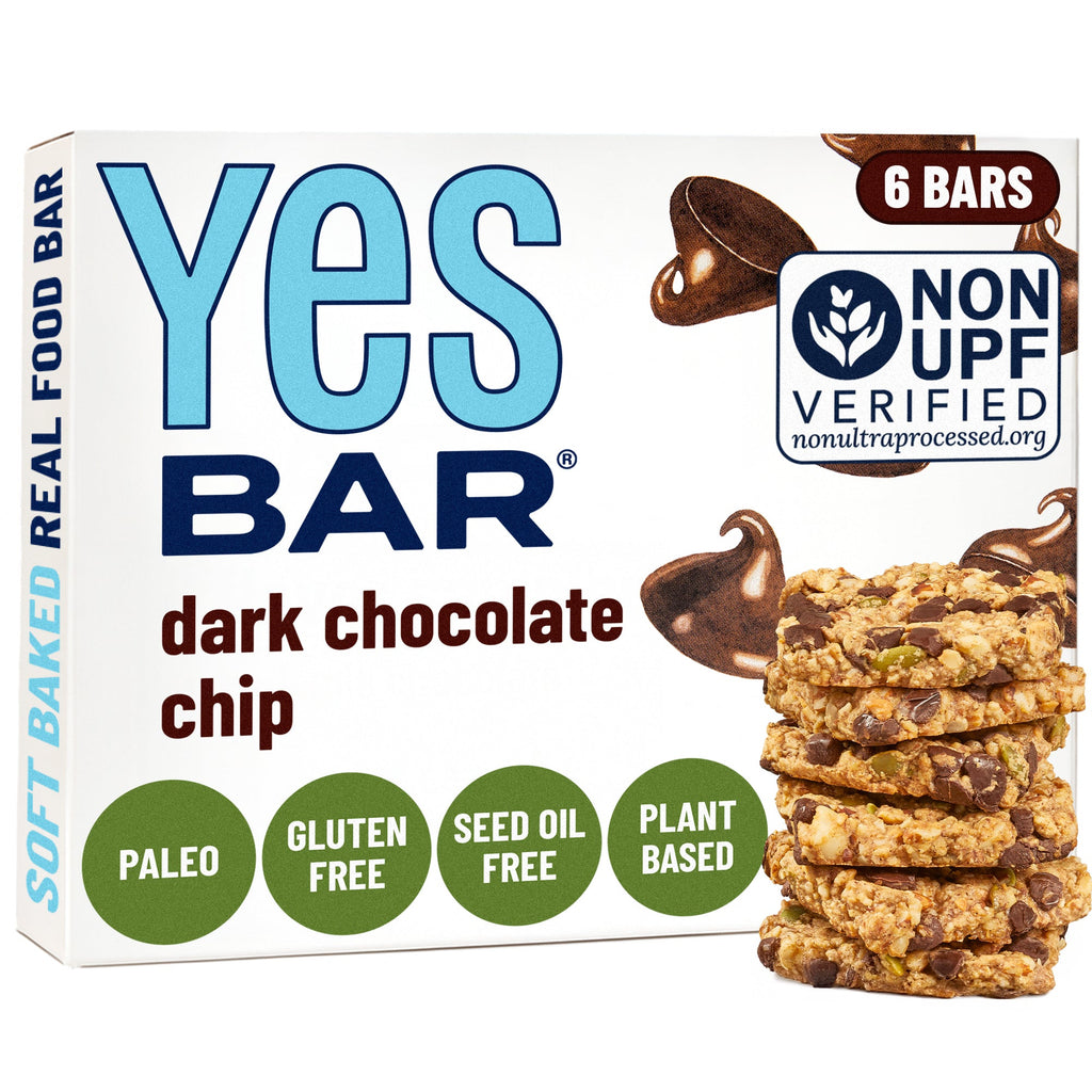 Dark chocolate chip protein snack bars multipack in white Yes Bar box with 6 bars
