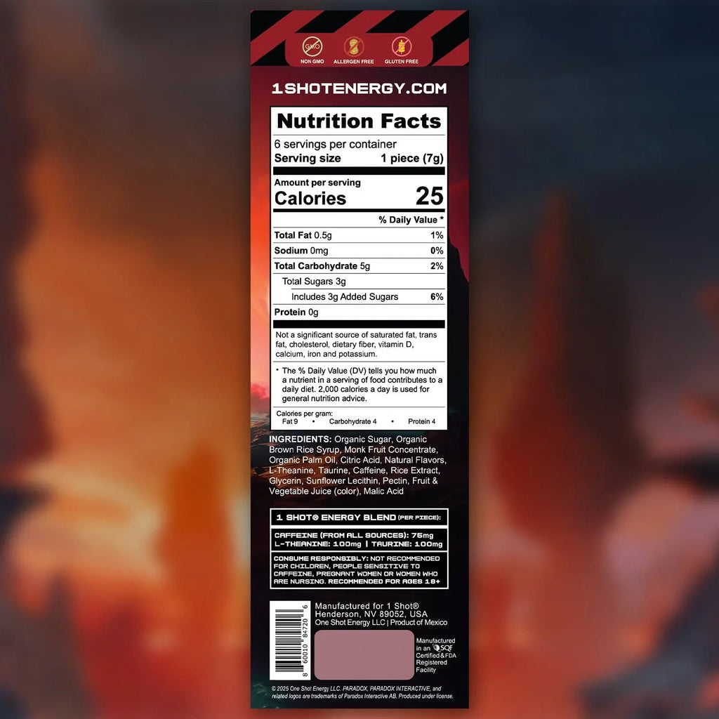 Red energy chews nutrition facts panel on back of pouch